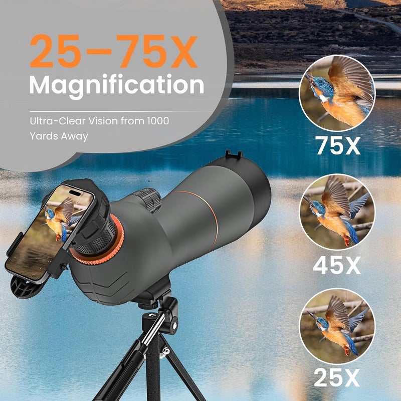 Three Triping Spotting Scope 25-75×85 - Dual Focusing Spotter Scope, with Tripod & Phone Adapter, Ideal for Bird Watching & Wildlife Observing - Image 2